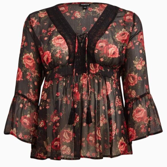 Black Torrid Chiffon Blouse Sheer Babydoll Lurex Crochet Boho Red Floral… - Picture 1 of 11